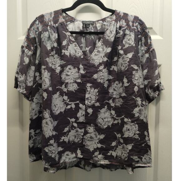 Current Air Anthropologie Size Large Blue Gray Floral V-Neck Orange Stitch Top - Picture 1 of 8